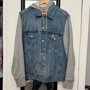 Men's Denim and Gray Hooded Jacket